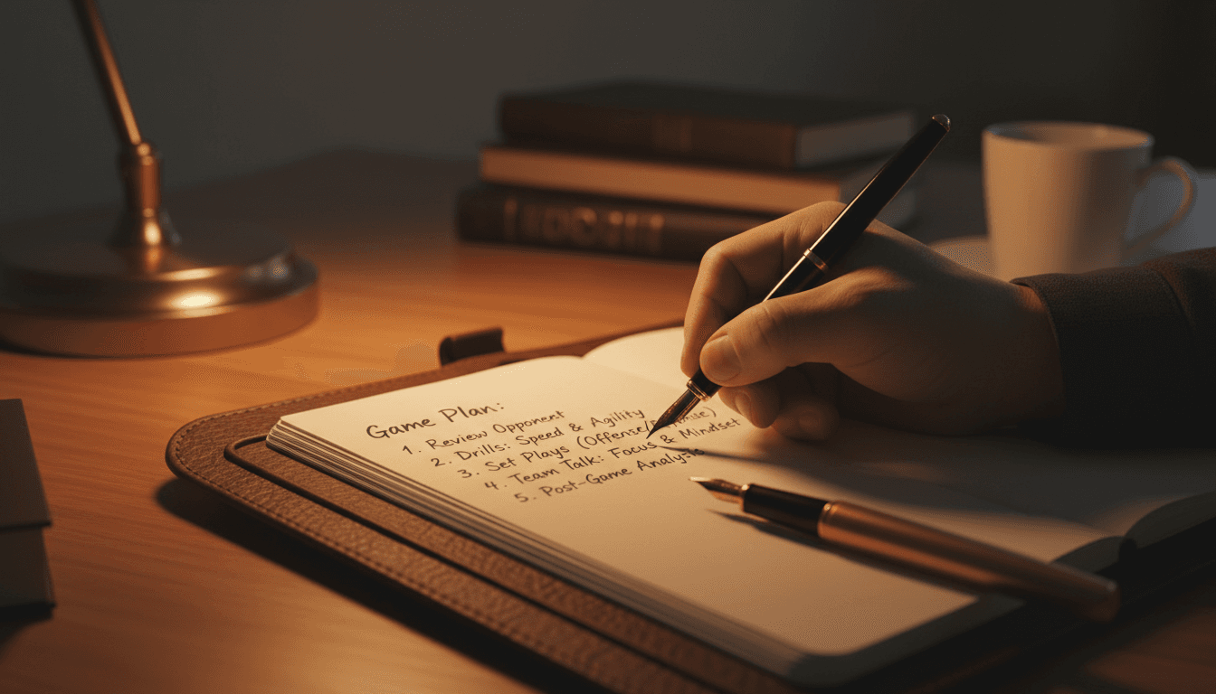 Coach's hand writing notes in a leather notebook with a fountain pen under warm lamp light